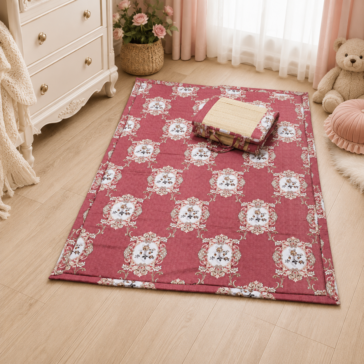 15-1 Pooja Mat Size 3.5/6 Feet Premium Mirror Pink - Image 1